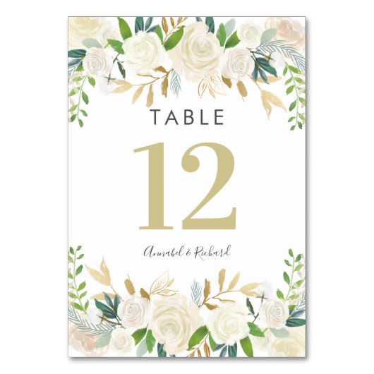 ホワイトおよび金ゴールド結婚フローラのテーブルカード テーブルナンバー (正面)