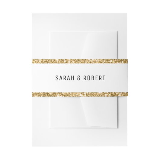 ホワイトおよび金ゴールド縁ど結婚グリッター 招待状ベリーバンド (正面例)