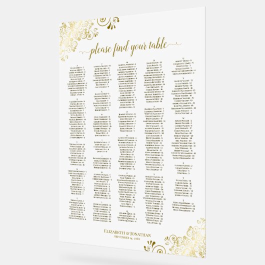 ホワイトおよび金ゴールド300人アルファベットの座席表 アクリルサイン (傾斜)
