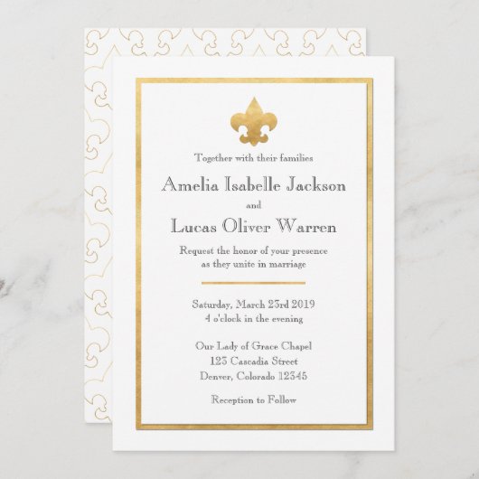 ホワイトおよび金ゴールド(紋章の)フラ・ダ・リ結婚式招待状 招待状 (正面/裏面)