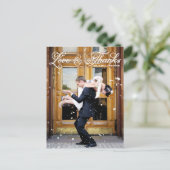 ホワイトかわいらしスクリプ結婚ト写真 ポストカード (スタンド正面)