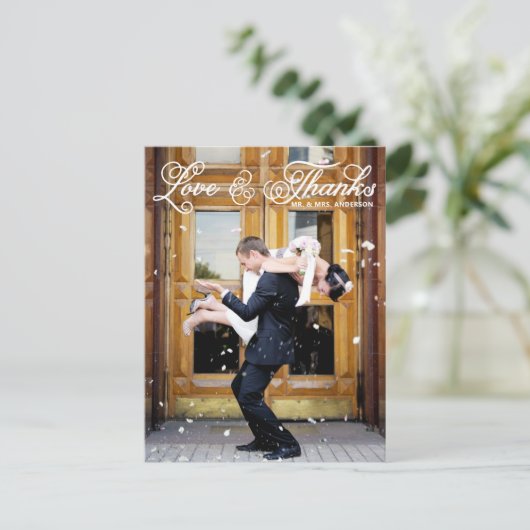 ホワイトかわいらしスクリプ結婚ト写真 ポストカード (スタンド正面)