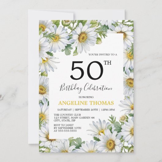 ホワイトかわいらしデイジーフローラグリーナリー誕生日 招待状 (正面)