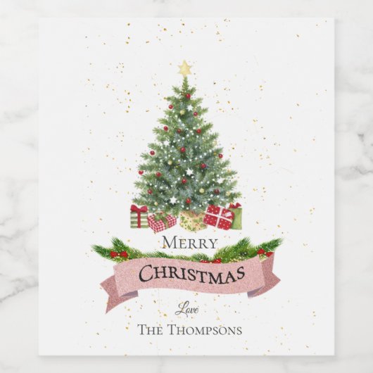 ホワイトかわいらしピフェイクンクグリッターメリークリスマス ワインラベル (シングルラベル)