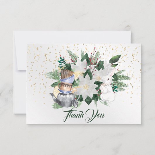 ホワイトかわいらしポインセティアウサギのクリスマス サンキューカード (正面)