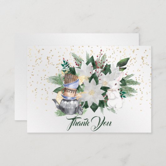 ホワイトかわいらしポインセティアウサギのクリスマス サンキューカード (正面/裏面)