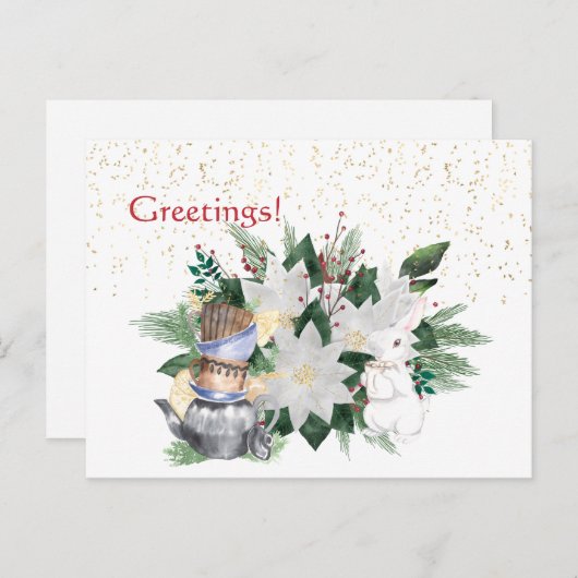 ホワイトかわいらしポインセティアウサギのクリスマス ポストカード (正面/裏面)