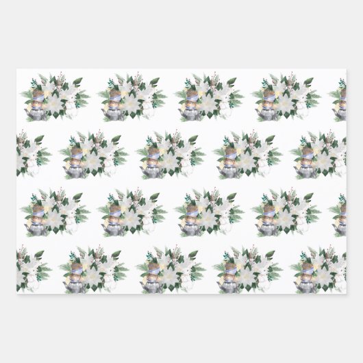 ホワイトかわいらしポインセティアウサギのクリスマス ラッピングペーパーシート (正面3)