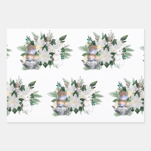 ホワイトかわいらしポインセティアウサギのクリスマス ラッピングペーパーシート (正面)