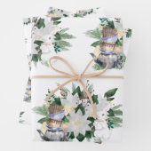 ホワイトかわいらしポインセティアウサギのクリスマス ラッピングペーパーシート (インサイチュ)