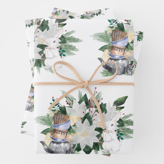 ホワイトかわいらしポインセティアウサギのクリスマス ラッピングペーパーシート (インサイチュ)