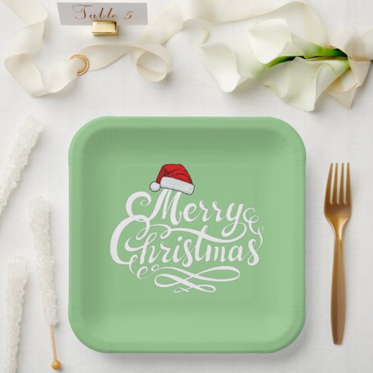 ホワイトかわいらしレタリング文字ミントグリーンサンタクリスマス ペーパープレート (ウェディング)