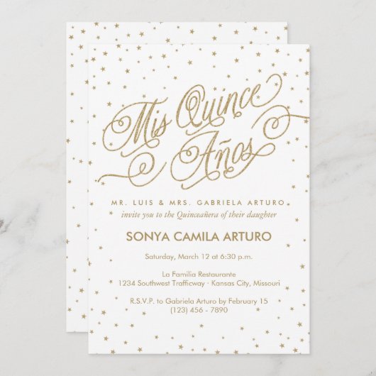 ホワイトかわいらし&金ゴールドスターズQuinceaneraパーティー 招待状 (正面/裏面)