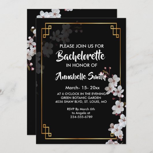 ホワイトさくらんぼの花とゴールデンフレームの学士 招待状 (正面/裏面)