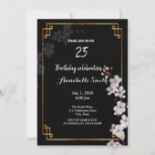 ホワイトさくらんぼの花とゴールデンフレーム誕生日 招待状 (正面)