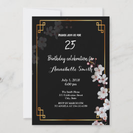 ホワイトさくらんぼの花とゴールデンフレーム誕生日 招待状