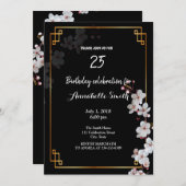 ホワイトさくらんぼの花とゴールデンフレーム誕生日 招待状 (正面/裏面)