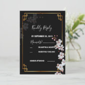 ホワイトさくらんぼの花とゴールデンフレームRSVP 招待状 (スタンド正面)