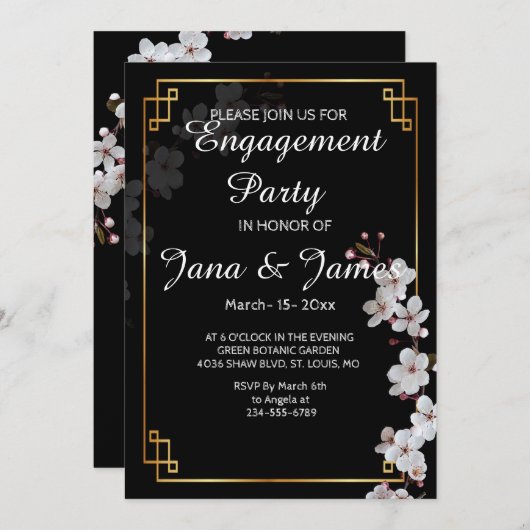 ホワイトさくらんぼの花&ゴールデンフレーム婚約 招待状 (正面/裏面)