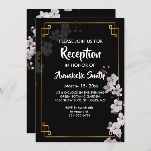 ホワイトさくらんぼの花&ゴールデンフレーム披露宴 招待状 (正面/裏面)