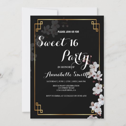 ホワイトさくらんぼの花&ゴールデンフレーム甘い16 招待状 (正面)