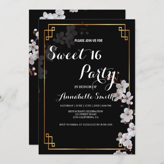 ホワイトさくらんぼの花&ゴールデンフレーム甘い16 招待状 (正面/裏面)
