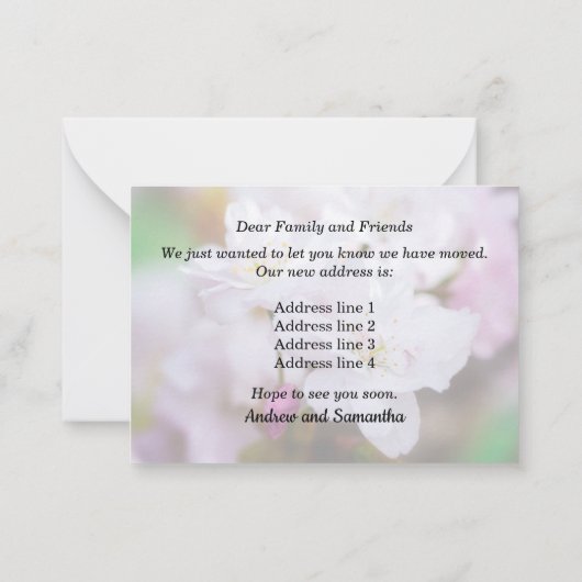 ホワイトさくらんぼブロッサムの新しいアドレスのお知らせ ノートカード (裏面)