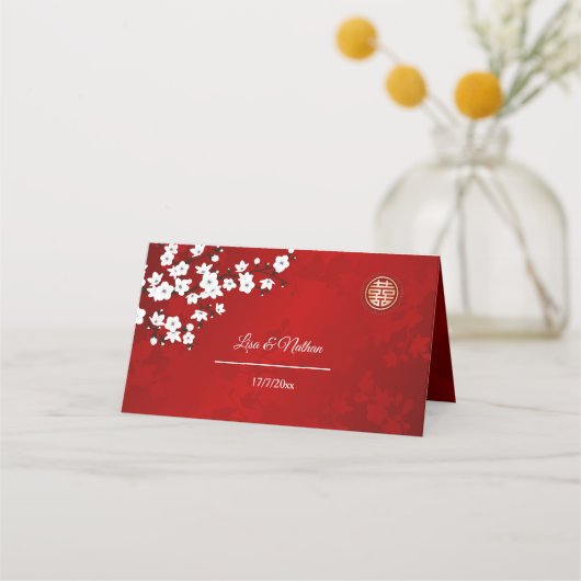 ホワイトさくらんぼブロッサムレッド |中国の結婚s プレイスカード (裏面)