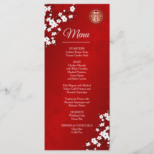 ホワイトさくらんぼ中国のブロッサム結婚のメニューカード メニュー (正面)