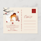 ホワイトさくらんぼ中国の花婚式の日付を保存 案内ポストカード (裏面)