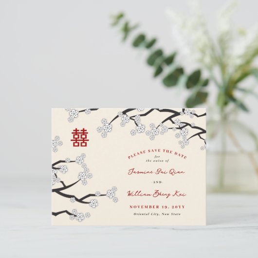 ホワイトさくらんぼ中国の花婚式の日付を保存 案内ポストカード (スタンド正面)