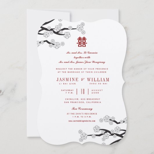 ホワイトさくらんぼ花ズダブル中国のシ結婚ーズ 招待状 (裏面)