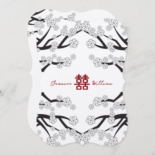 ホワイトさくらんぼ花ズダブル中国のシ結婚ーズ 招待状 (正面/裏面)