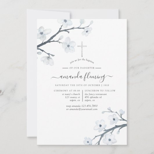 ホワイトさくらんぼ花ズバプテスマまたは《キリスト教》洗礼式や命名式 招待状 (正面)