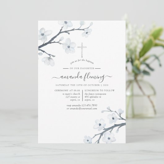 ホワイトさくらんぼ花ズバプテスマまたは《キリスト教》洗礼式や命名式 招待状 (スタンド正面)