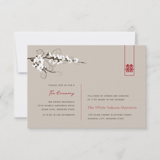 ホワイトさくらんぼ花咲きアジア結婚披露宴 招待状 (正面)