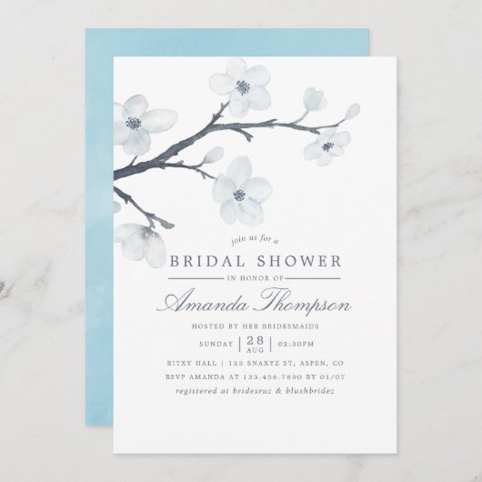 ホワイトさくらんぼ花咲きブライダルシャワー招待 招待状 (正面/裏面)