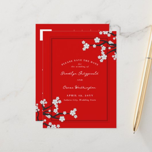 ホワイトさくらんぼ花桜アジア日付保存 案内ポストカード (正面/裏面インサイチュ)