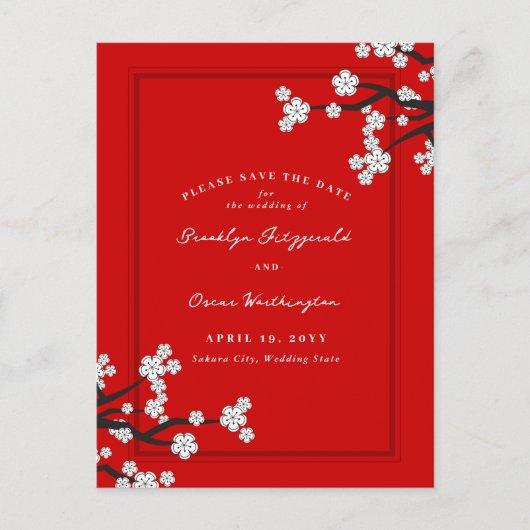 ホワイトさくらんぼ花桜アジア日付保存 案内ポストカード (正面)