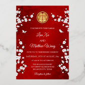 ホワイトさくらんぼ花 |レッド中国の結婚ズ 箔招待状 (正面)