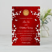 ホワイトさくらんぼ花 |レッド中国の結婚ズ 箔招待状 (立ち正面)