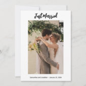 ホワイトたった今結婚しました写真アナウンスメントカード 招待状 (正面)