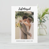 ホワイトたった今結婚しました写真アナウンスメントカード 招待状 (スタンド正面)