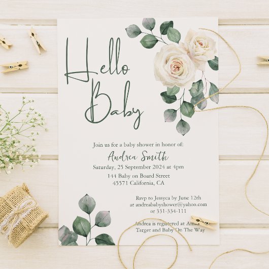 ホワイトとグリーンのローズ ベビーシャワー 招待状