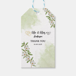 ホワイトとグリーンの花の水彩画のミスター＆ミセス ギフトタグ