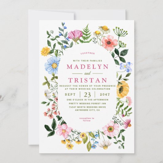 ホワイトとグリーンフローラミニマル結婚リスト 招待状 (正面)