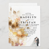 ホワイトとゴールデンのミニマ素朴リストの結婚フローラ 招待状 (正面/裏面)