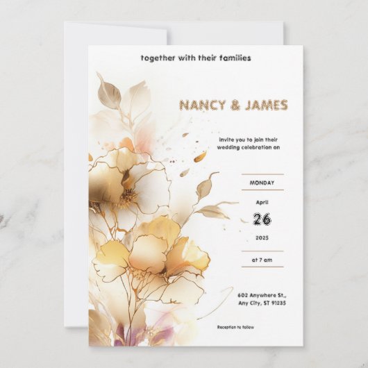 ホワイトとゴールデンのモダン結婚式招待状 招待状 (正面)