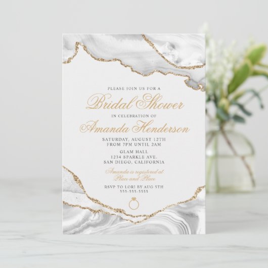 ホワイトとゴールドのアゲート大理石 ウェディング招待状 招待状 (スタンド正面)