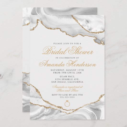 ホワイトとゴールドのアゲート大理石 ウェディング招待状 招待状 (正面/裏面)